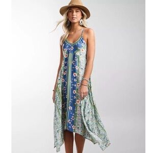 O'Neill Blue and Green Floral Asymmetrical Slip Dress